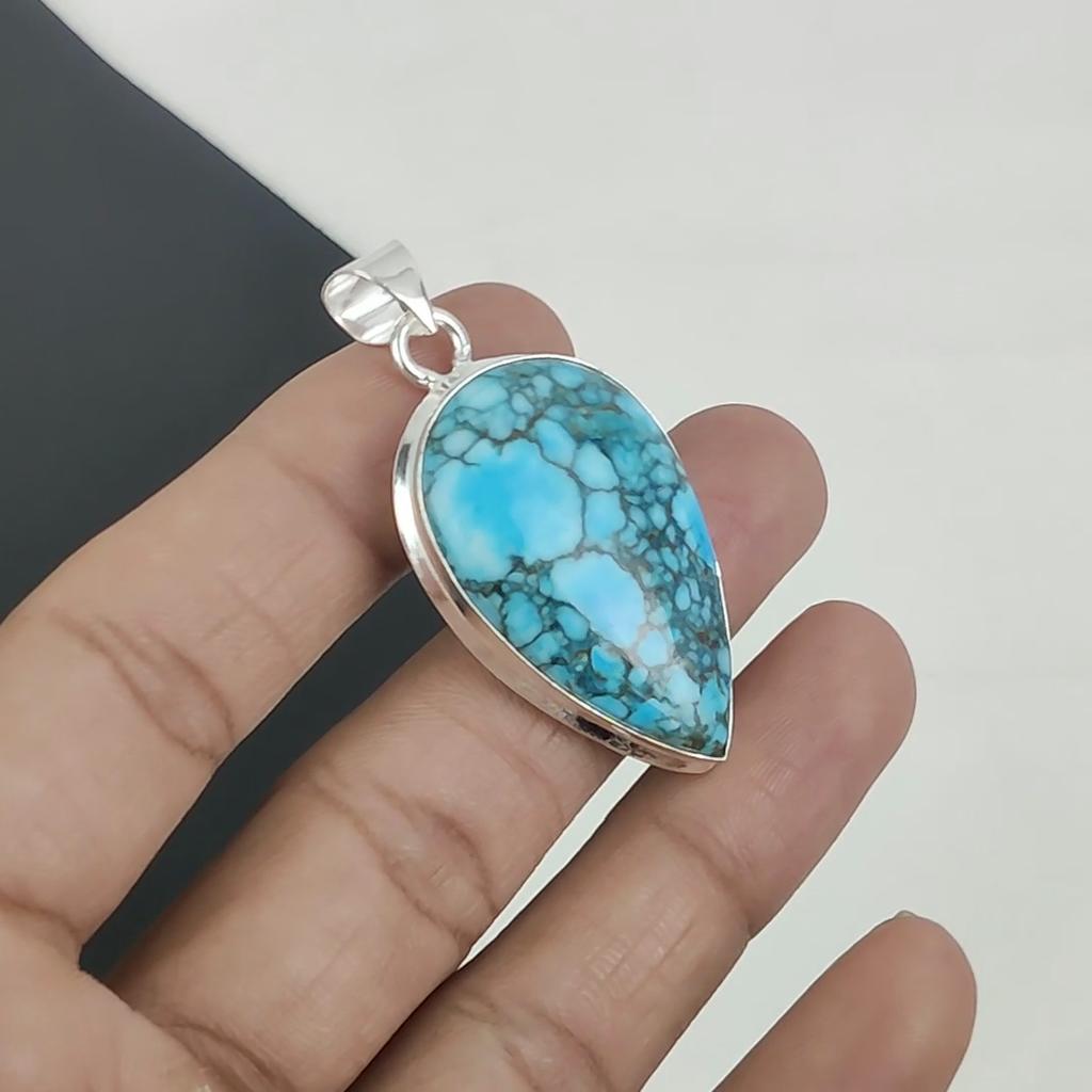 Natural Turquoise Gemstone Silver Pendant In 925 Sterling Silver - Handmade Pear Design, Everyday Wear Jewelry Mother's Day Gift