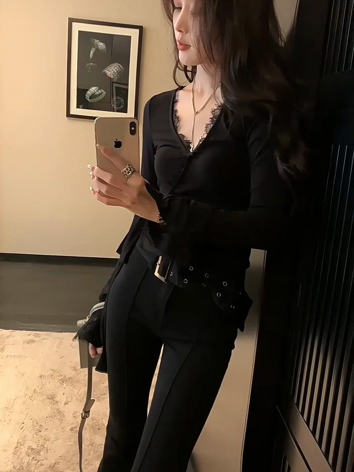 Pure Desire Hot Girl Sexy Breast Revealing V-Neck Top Women's Autumn Waist-tie Bottoming Shirt Fashionable Lace Inner Top