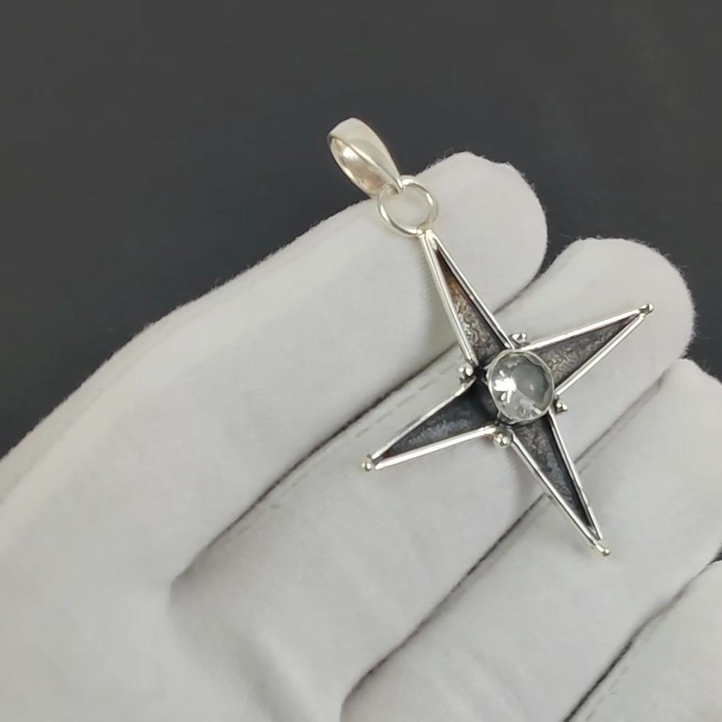 White TopazGemstone Silver Pendant In 925 Sterling Silver - Handmade Star Design, Everyday Wear Jewelry, Unique Artisan Designs Pendant Love Gift