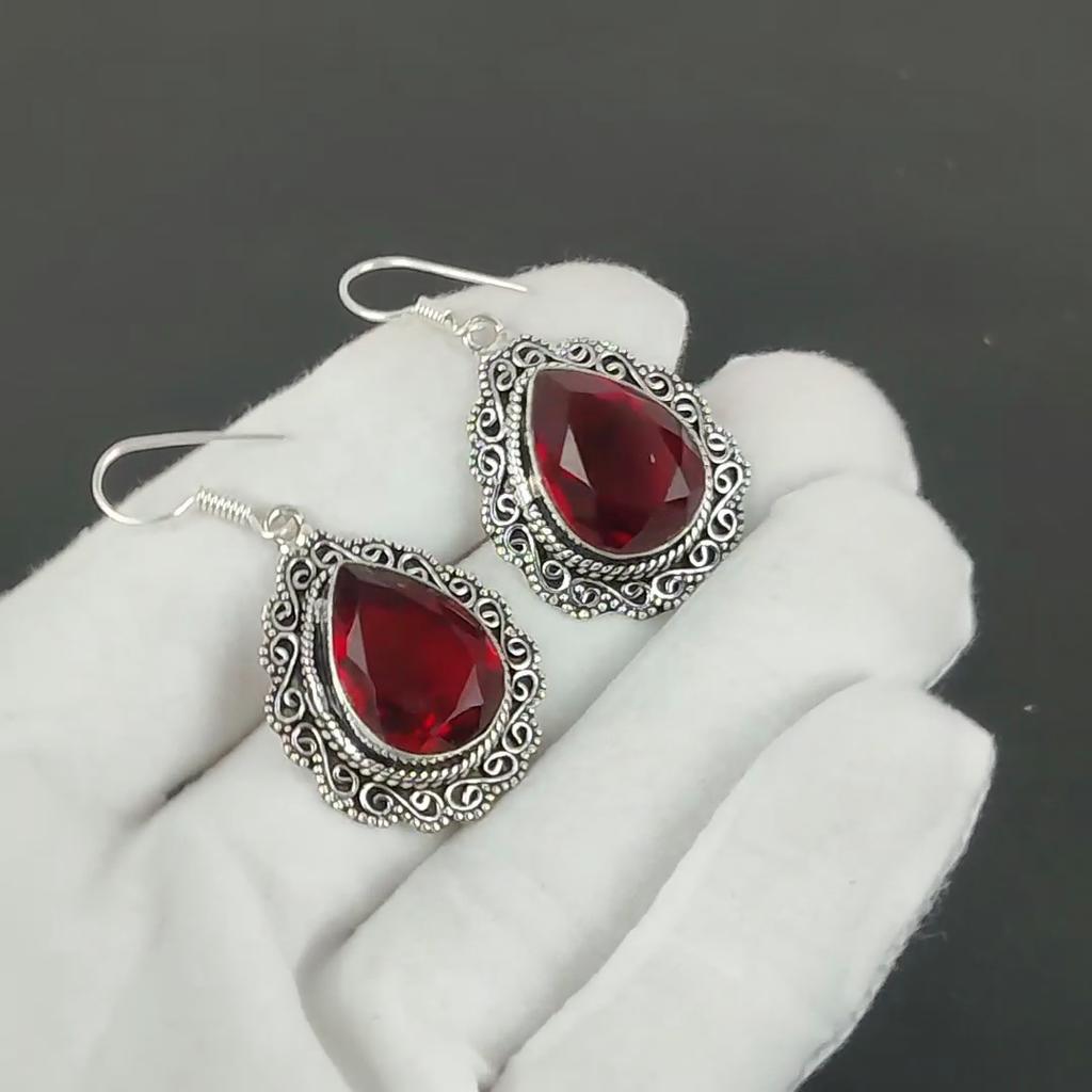 Red Garnet Gemstone Earrings, 925 Sterling Silver Earrings, Silver Earrings For Gift, Red Garnet Dangle Drop Earrings For Anniversary Gifts