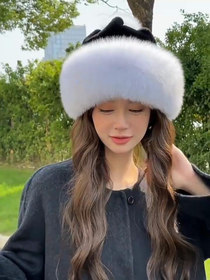 Women real fox fur hat Winter warm ear-protecting princess fur straw hat Girl outdoor thickened whole fur rex rabbit fur ski hat