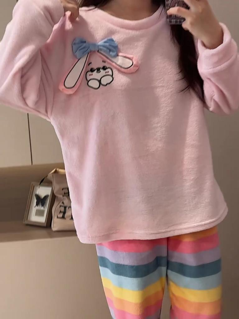 New 2025 Autumn Winter Warm Flannel Women Pijama Sets Thicken Coral Velvet Long Sleeve Cute cartoon purple Sleepwear Set Thin Flannel Pajamas Set