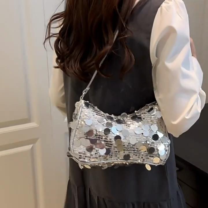 Simple Solid Color Sequin Design Women Casual Shoulder Bag For Daily Use