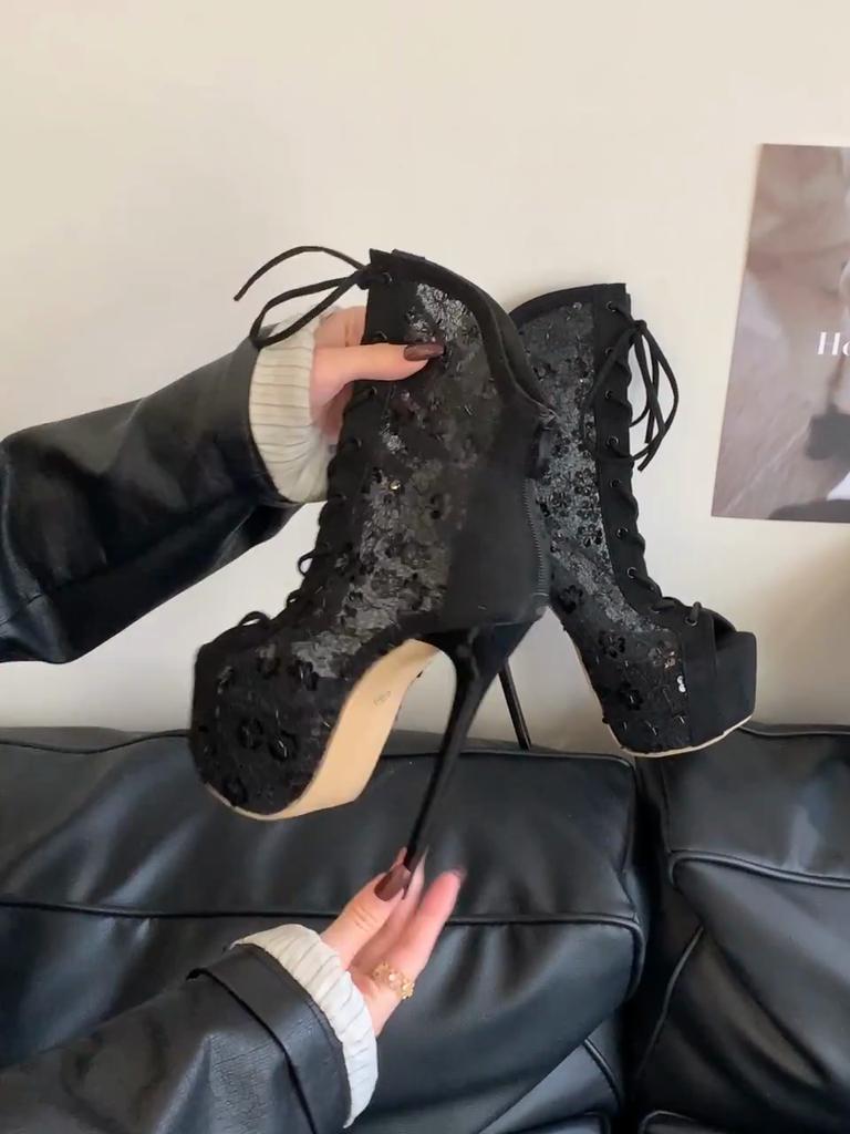 Eilyken Autumn Design Breathable Mesh Peep Toe Women Ankle Boots Sandals Fashion Zipper Platform Thin Heels Stripper Shoes