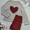 Women’s Heart Embroidered Pajama Set Brushed Long Sleeve Top and Long Pants Loungewear Suitable for Outdoor Wear