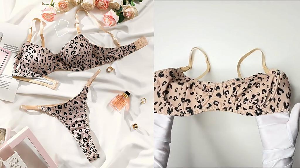 Women’s European and American Sexy Comfortable Minimize Bra and Thong Set, Leopard Printed Underwire Push-Up Lingerie