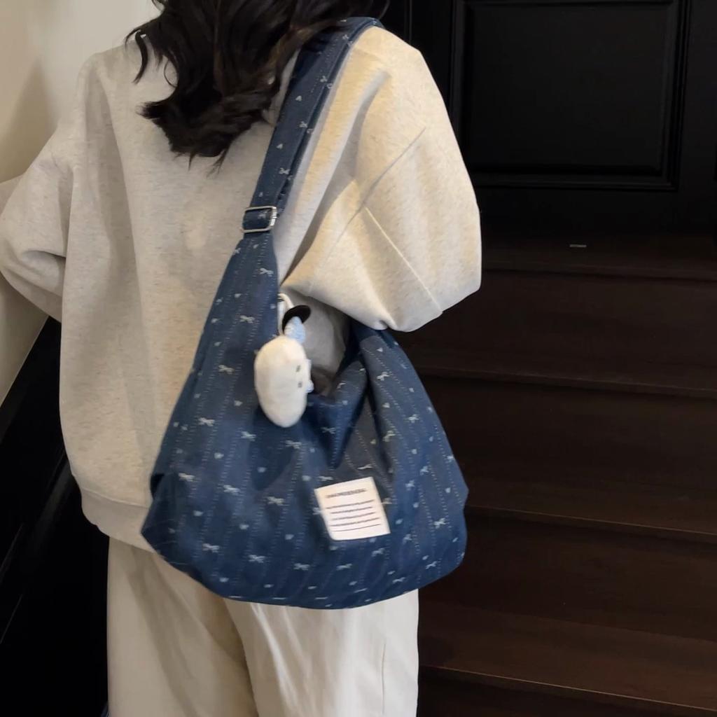 Denim Bag Bow Print Women's Shoulder Bag Large Capacity Tote Bag Student Class Commuter Crossbody Bag