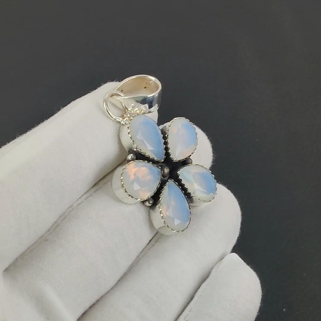 Dainty Milky Opal Gemstone Silver Pendant in 925 Sterling Silver - Handmade Flower Design, Everyday Wear Jewelry Birthday Gift
