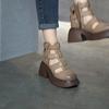 Johnature Retro Genuine Leather Thick Sole Round Toe Women Sandals Hollow Out Thick High Heels Roman Shoes