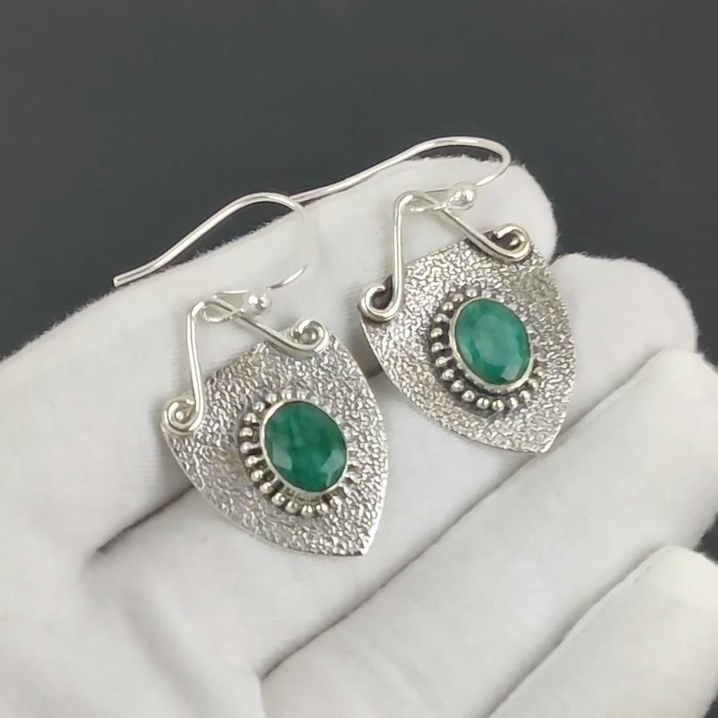 Amazing Emerald Gemstone Earrings, 925 Sterling Silver Earring, Handmade Boho Silver Jewelry Dangle Earrings, Birthday Gift