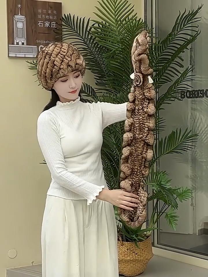 Women Real Rex Rabbit Fur Hat Scarf Set Thickened Warm Winter Rabbit Hat Scarves 2 Pieces For Girls Fashion Outdoor Fur Scarves