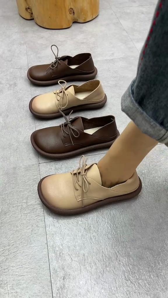 Johnature Genuine Leather British Style Handmade Round Toe Lacing Flat Shoes Casual Versatile Women's Shoes