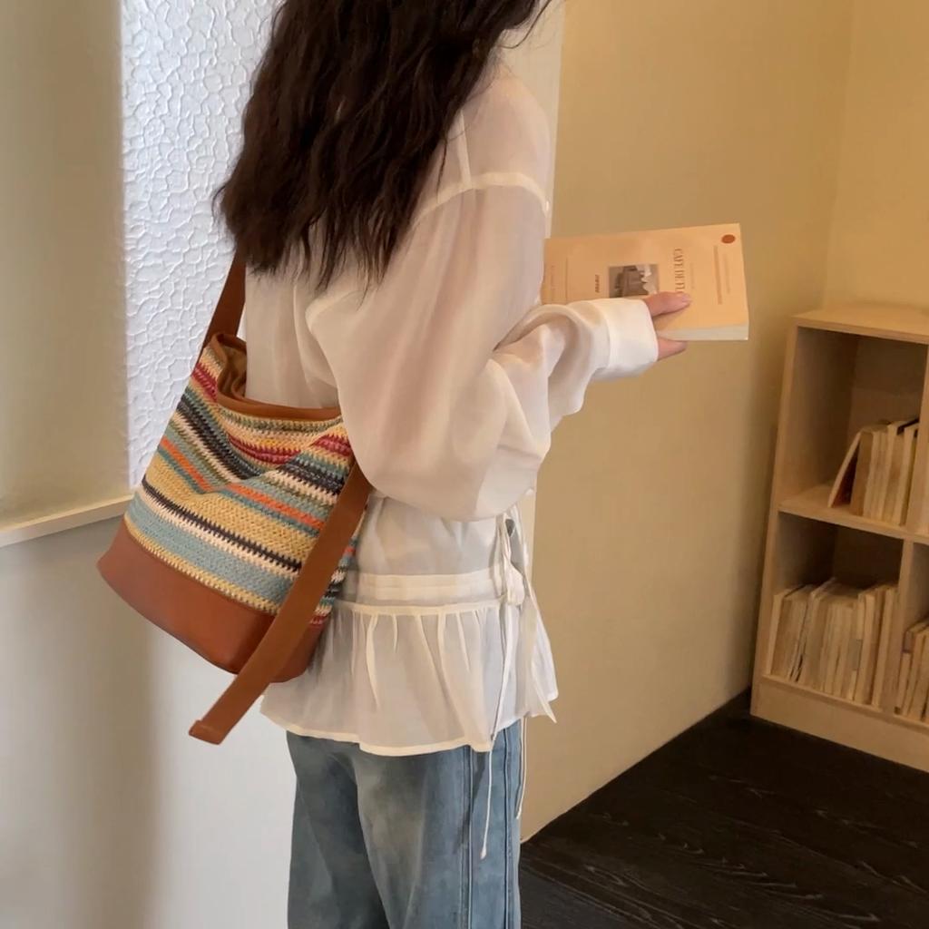 Striped Straw Bag Women's Large Capacity Shoulder Crossbody Bag Beach Bag