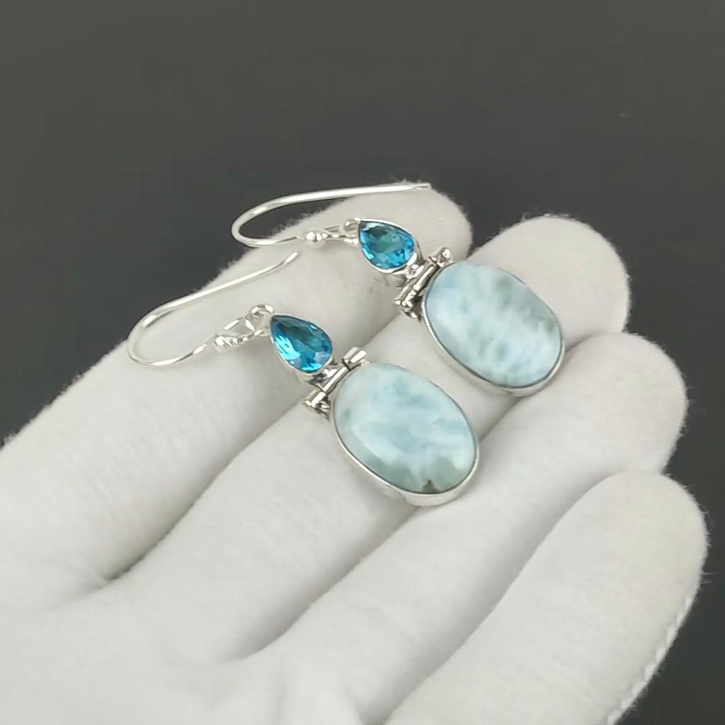 Cercei cu pietre prețioase Larimar și Topaz Albastru, Cercei din Argint Sterling 925, Cercei din Argint Pentru Cadou, Cercei Atârnători Tip Picătură Pentru Cadouri de Aniversare
