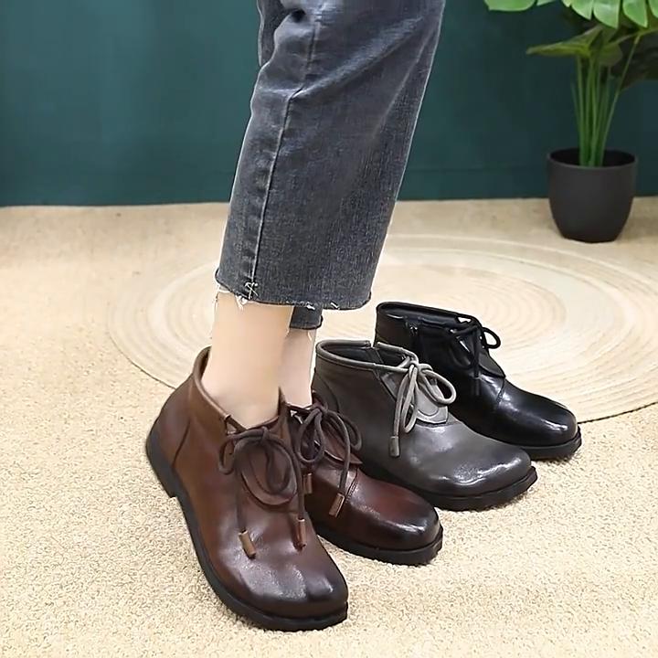 Johnature Retro Versatile Flat Short Boots Comfortable Commuting Casual Genuine Leather Women's Shoes