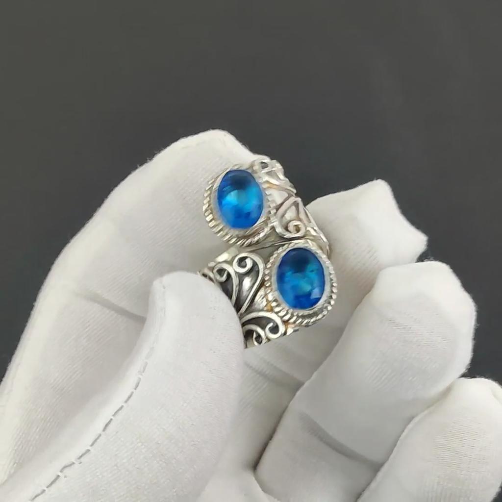 Blue Topaz Adjustable 925 Sterling Silver Ring - Fits US Sizes 6 To 10 - Blue Topaz Antique Handmade Boho Jewelry for Women & Men, Valentine Gifts