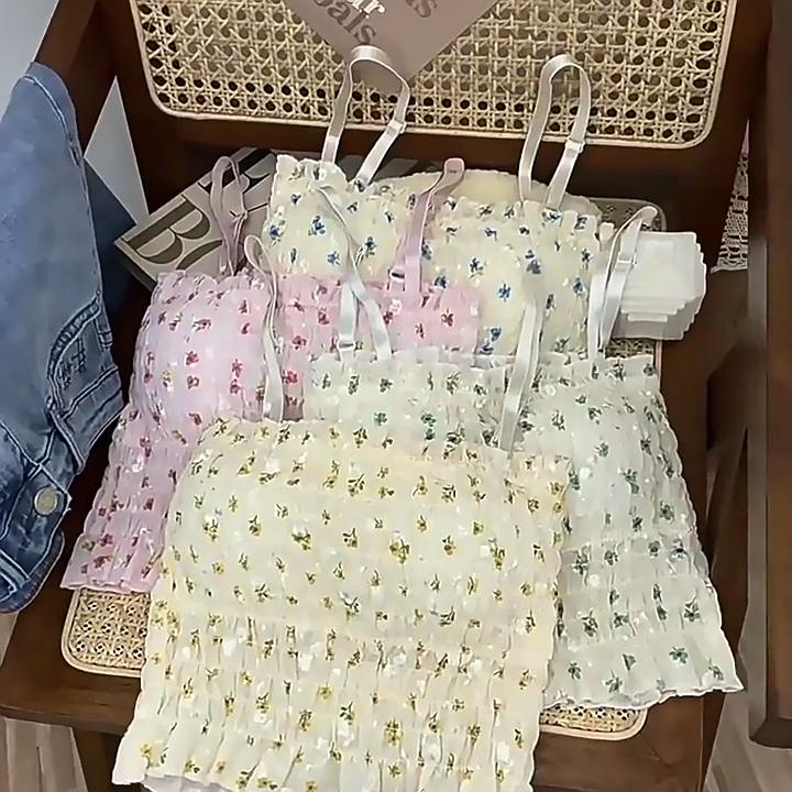 Floral Tank Top Halter Crop Tops Women Summer Camis Chest Pad Camisole Fashion Casual Tube Female Sleeveless Cropped Vest