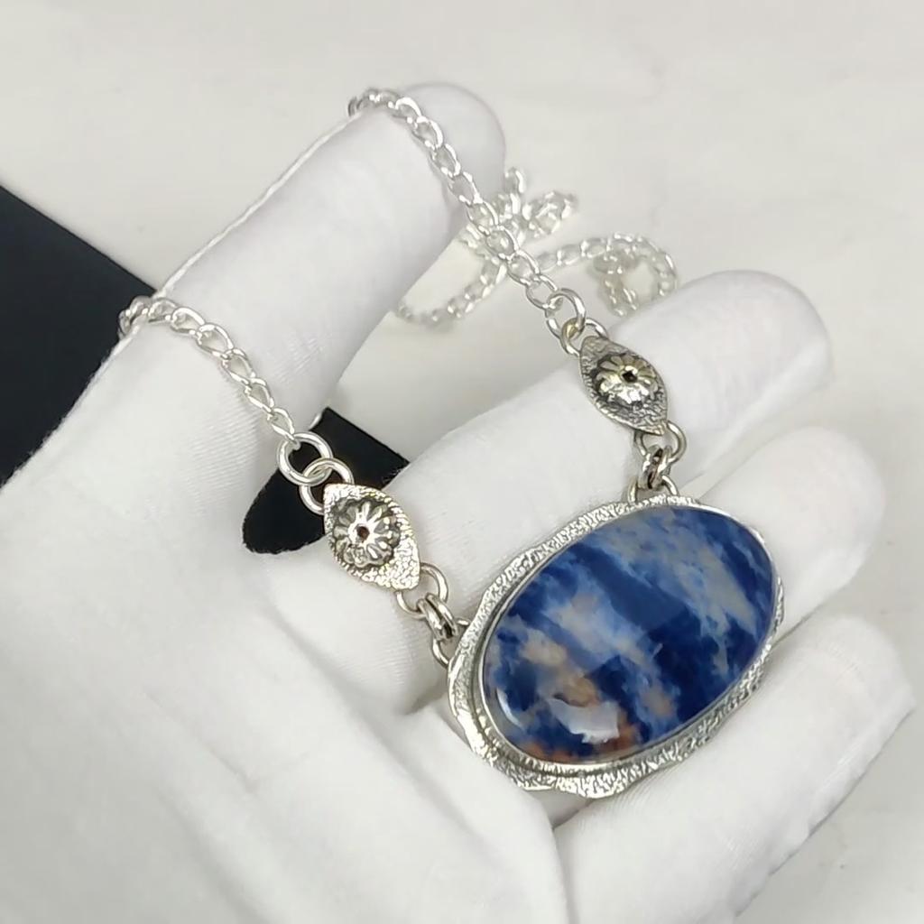 Natural Sodolite Gemstone Handmade 925 Sterling Silver Electroform Necklace, Sodolite Silver For Wife Unisex Pendant Engagement Gifts