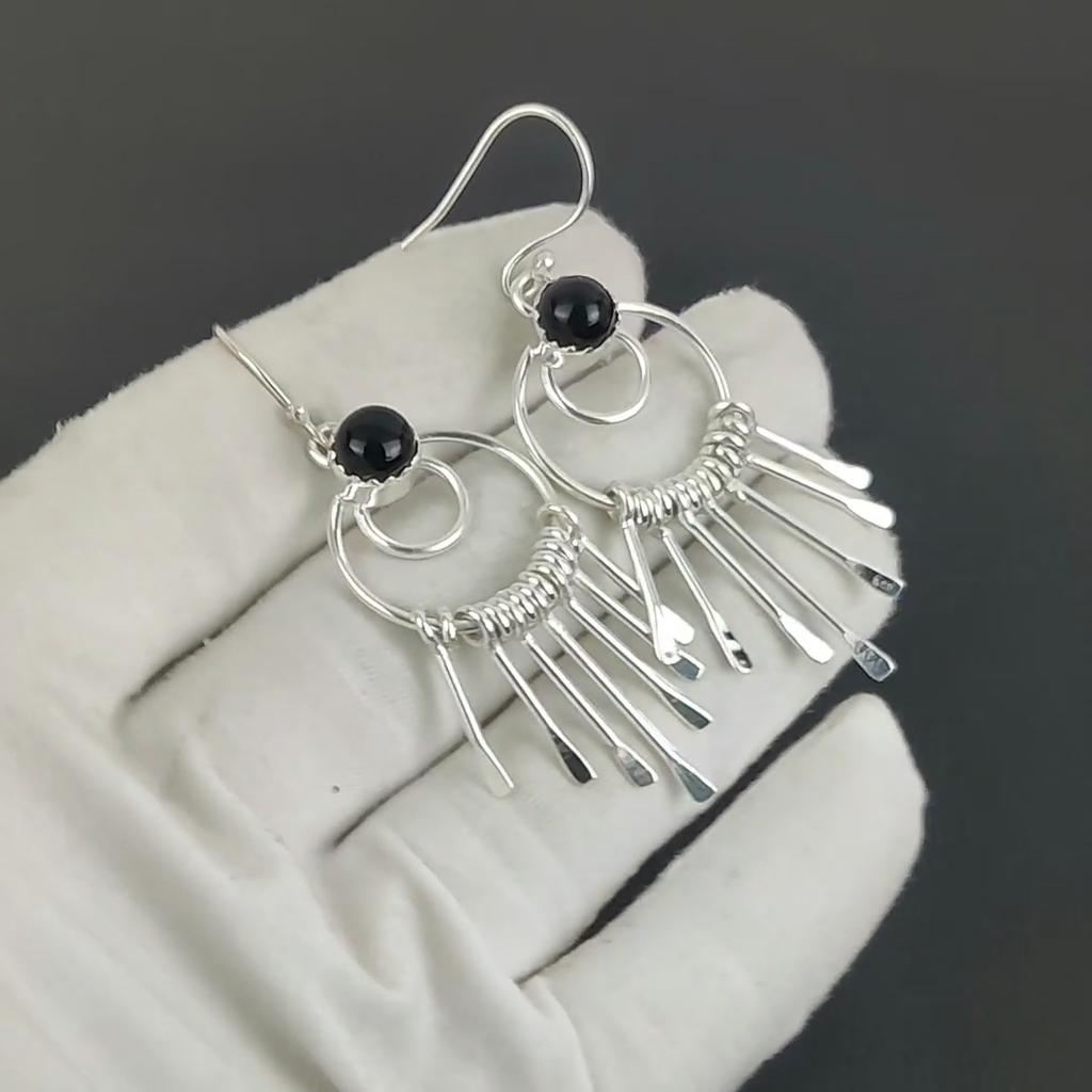 Natürlicher Schwarzer Onyx Edelstein Hakenohrringe 925 Sterlingsilber Ohrring, Handgefertigter Boho Silberschmuck Hängeohrringe, Geburtstagsgeschenk