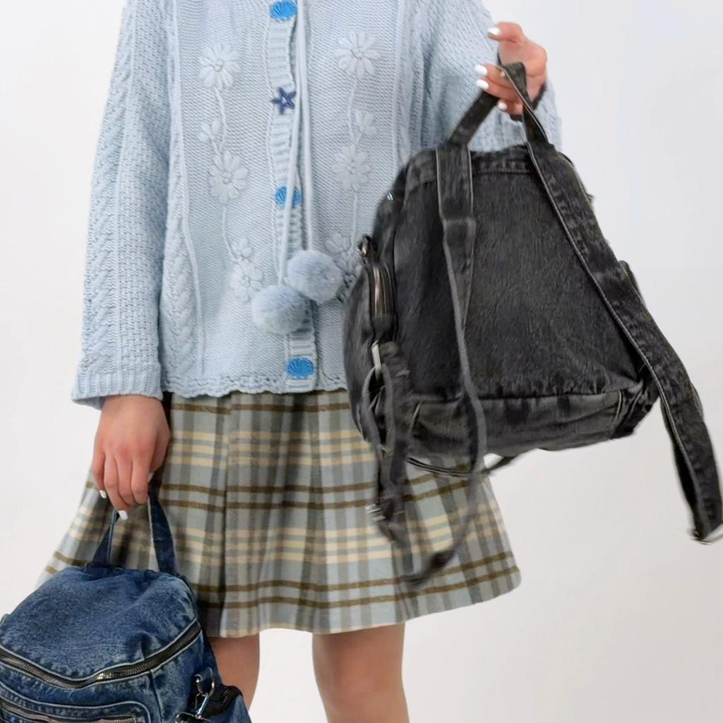 Vintage Denim Backpack Rivet Shoulder Bag Student Schoolbag Class Commuter Backpack