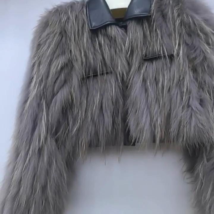 Women's Short Real Raccoon Wool Coat Sheepskin Square Collar Youthful Slim Fur Striped Coat for Women