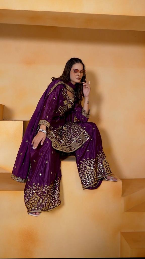 Presenting  New Designer Embroidered Chinon Sharara Suit With Sequence Embroidered Work