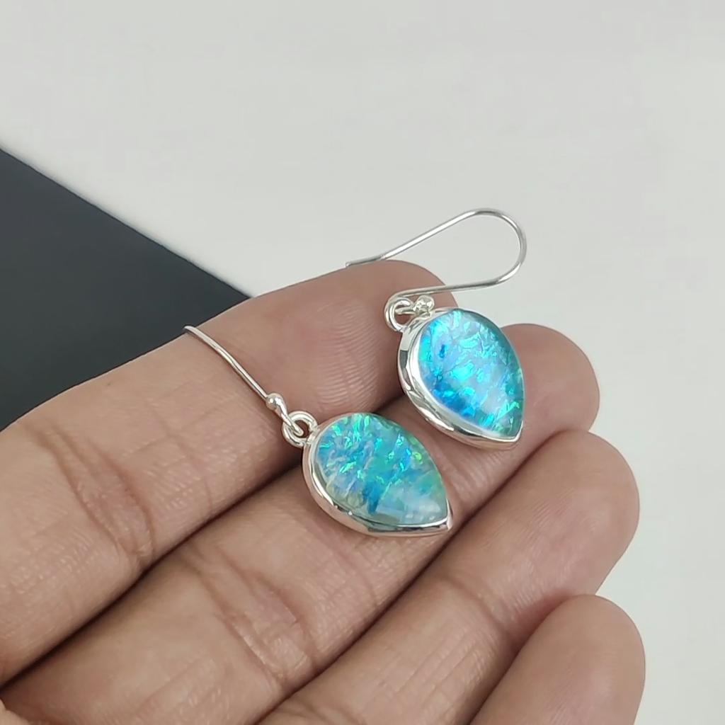 Natur Australischer Triplet Opal Edelstein Ohrringe, 925 Sterlingsilber Ohrring, Handgefertigter Boho Silberschmuck Hängeohrringe, Hochzeitsgeschenk