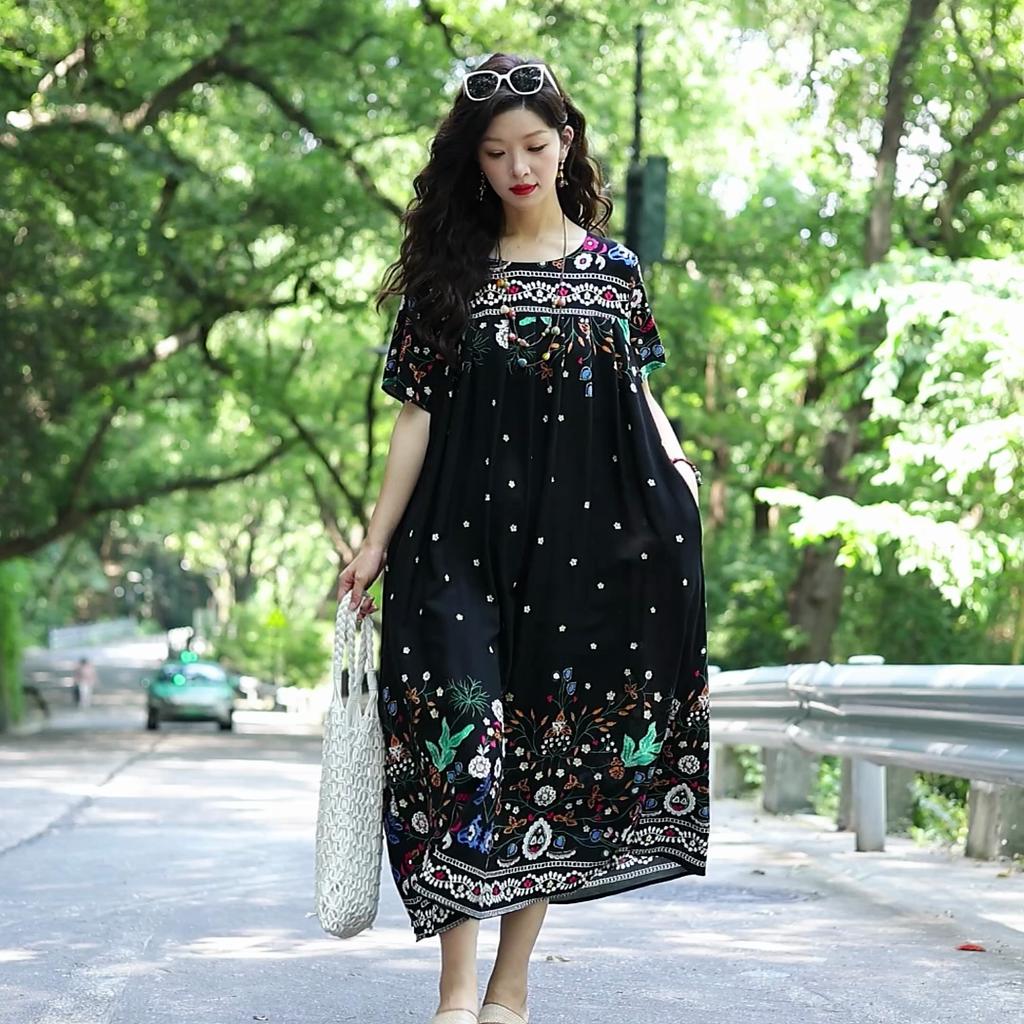 Elegant Summer Loose Dress Woman Vintage Clothes Plus Size Casual Short Sleeve Long Dresses