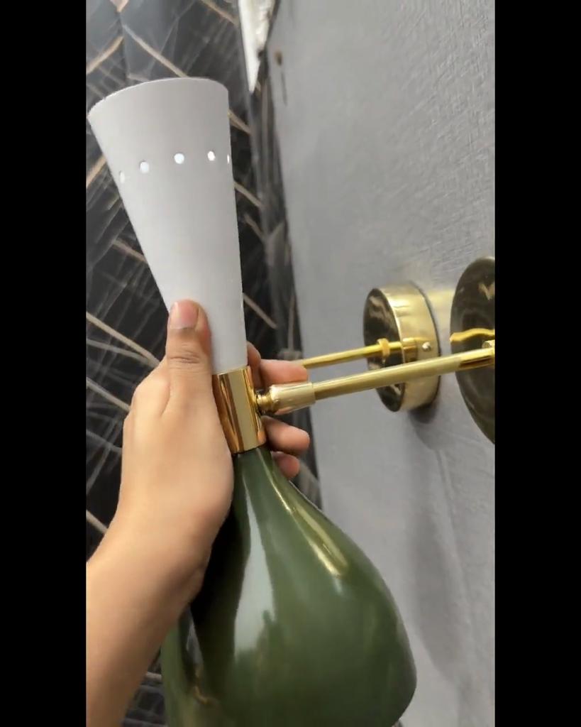 Handmade Brass Double Cone Sconces: Olive Green & White Vanity Lights