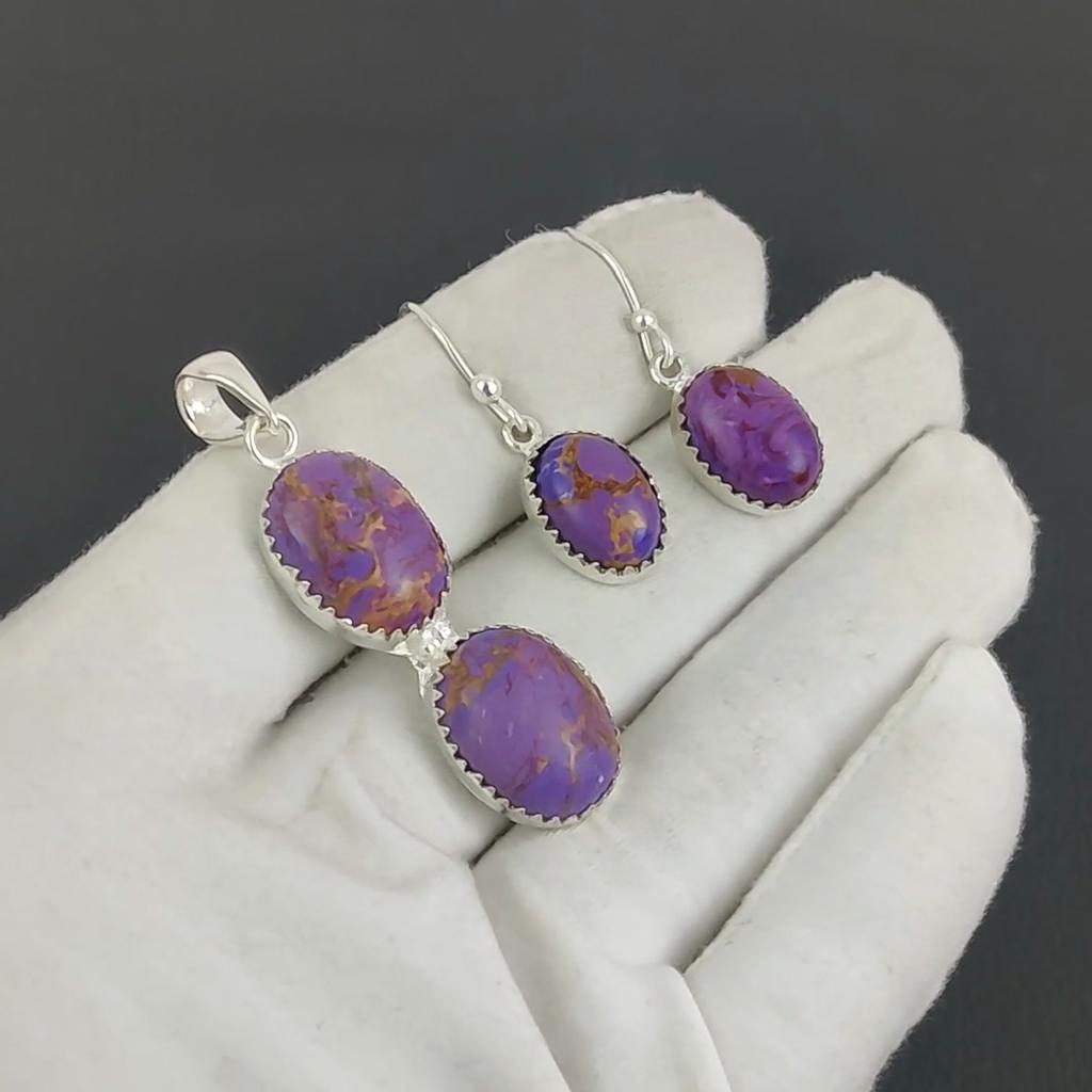 Lila Türkis Anhänger Set, Lila Türkis Edelstein Handarbeit 925 Sterling Silber Ohrring Anhänger Set für Frauen Anhänger Geburtstagsgeschenk