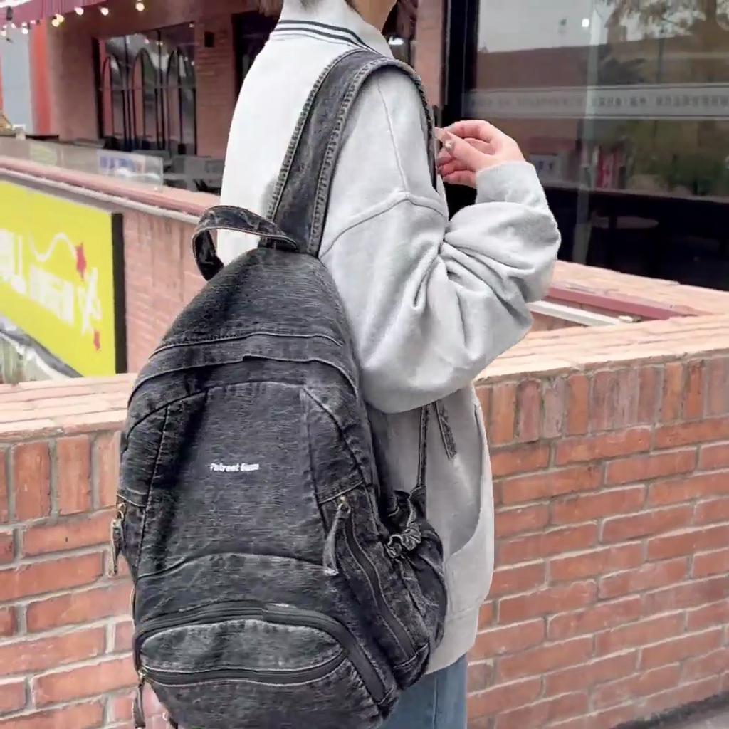 Womoen Large Capacity Denim Backpack Middle School Student Schoolbag