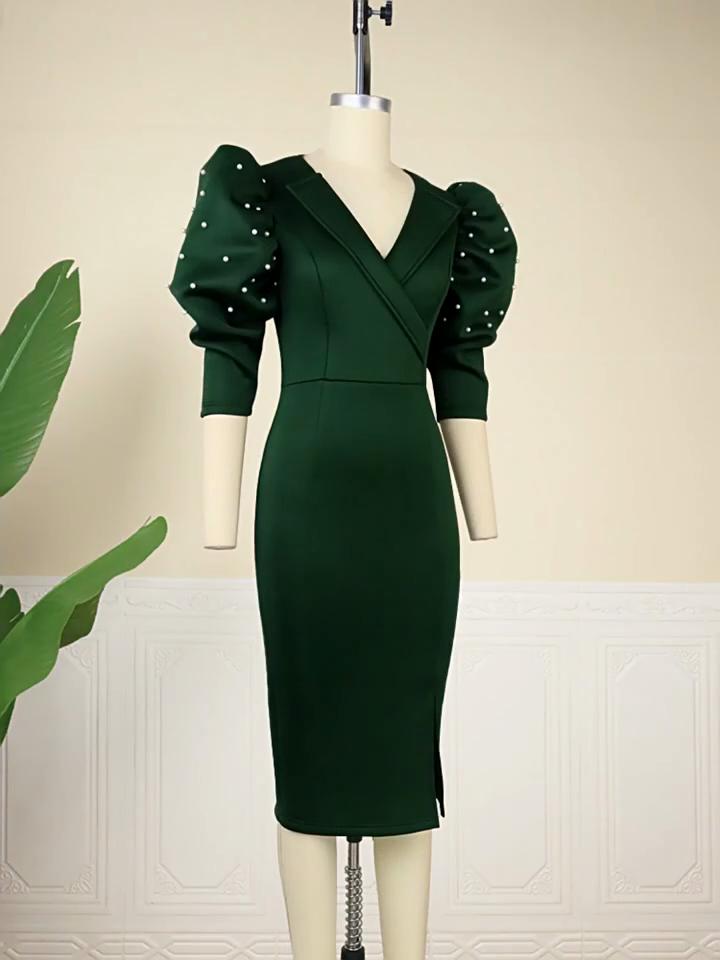 WomenDresses Luxury V Neck Puff Sleeve Beaded Sheath Package Hips Mid Calf High Quality Ladies Birthday Dress Hot
