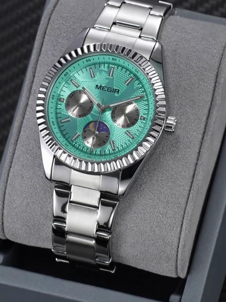 Men's Quartz Watches Stainless Steel Strap Couple Bracelets Wristwatch with Day Date 24-Hour Moon Phase Function Relogio Womens Watch