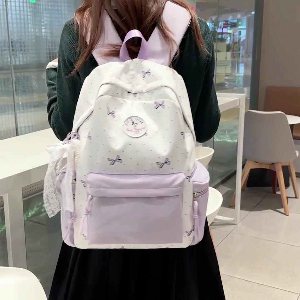 Nylon Backpack Cute Bow Print School Bag for Girls