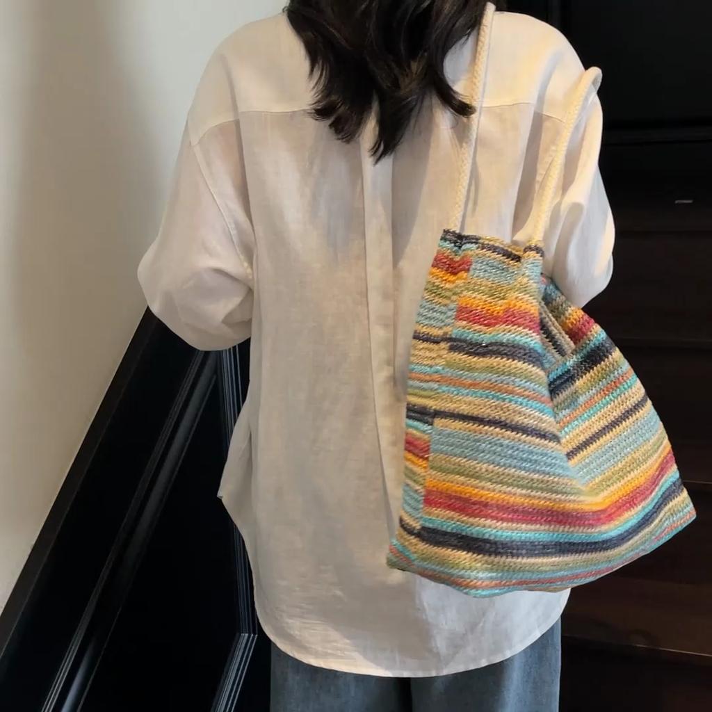 Seaside Vacation Straw Woven Bag Women's Large Capacity Rainbow Tote Bag Travel Commuter Shoulder Bag