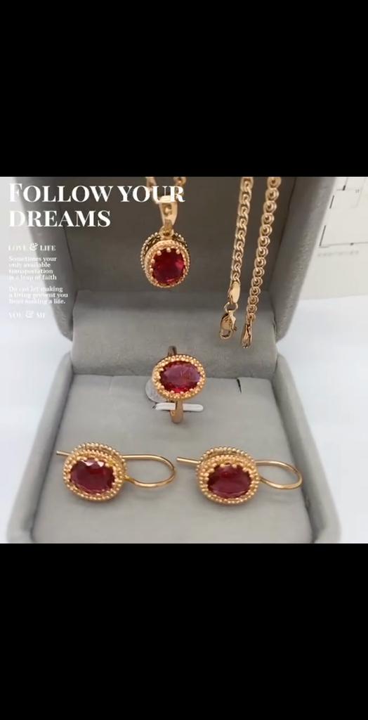 PATAYA 585 Rose Gold Color Classical Rose Red Artificial Zircon Earring Ring Pendant  Necklace Combination Set