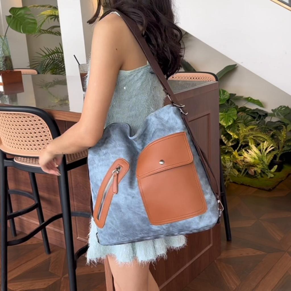 Tote Bag Women's Large Capacity Commuting Backpack Shoulder Bag Contrast Color Travel Backpack