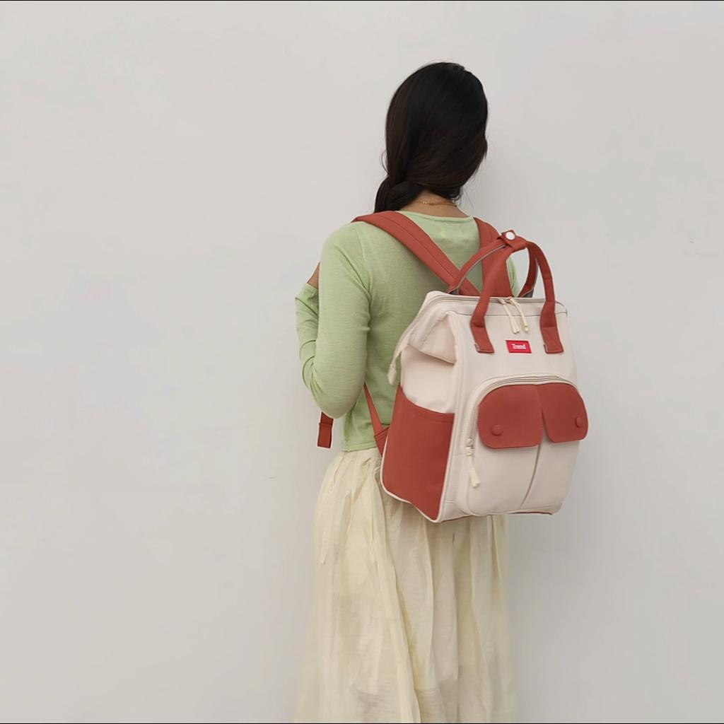 Colorblock Nylon Convertible Backpack with Dual Front Flap Pockets Top Handle Casual Daypack for Women Daily