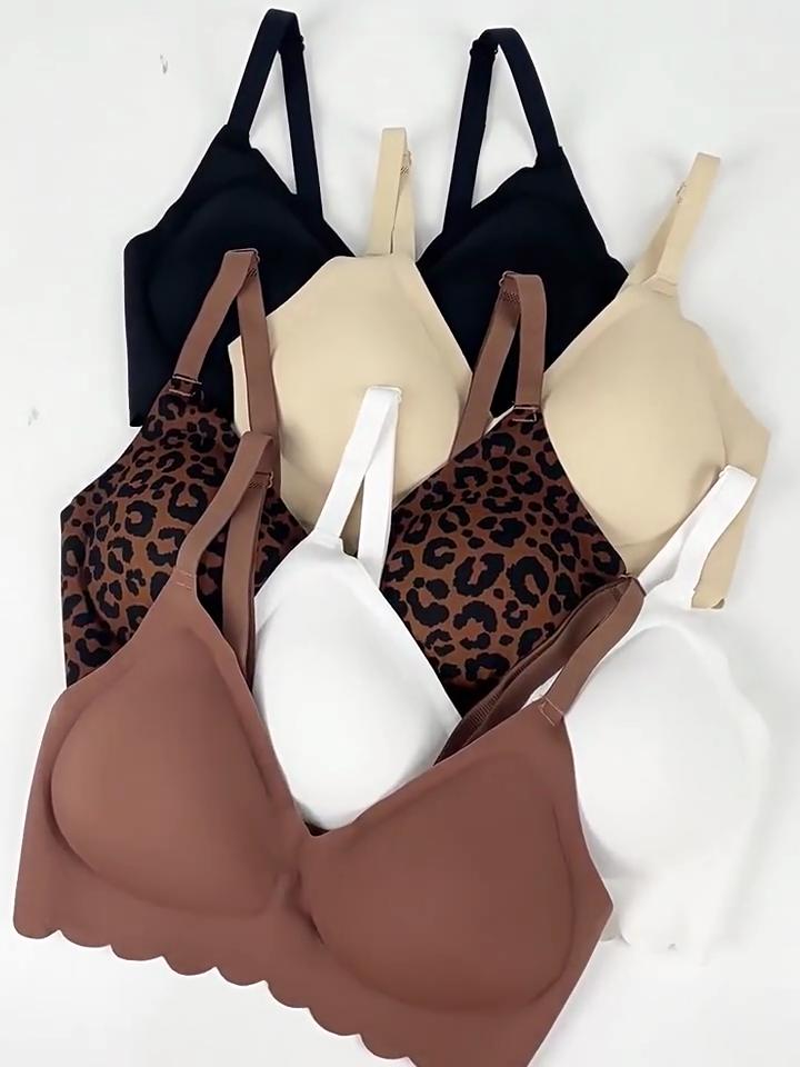 European Size Wireless Seamless Soft Support Bra Leopard Print Wavy Edge Gathered Side Bust Coverage Anti-Curl Intimates