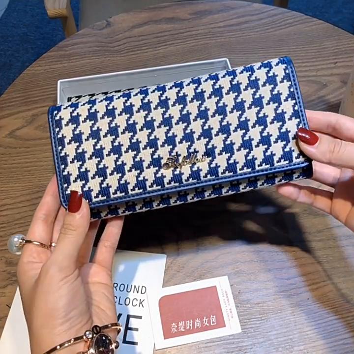 2025 Long Genuine Leather Women Wallets Houndstooth Embroidery Clutch Bags For Ladies Fashion Cowhide Female Billfold Card Holder