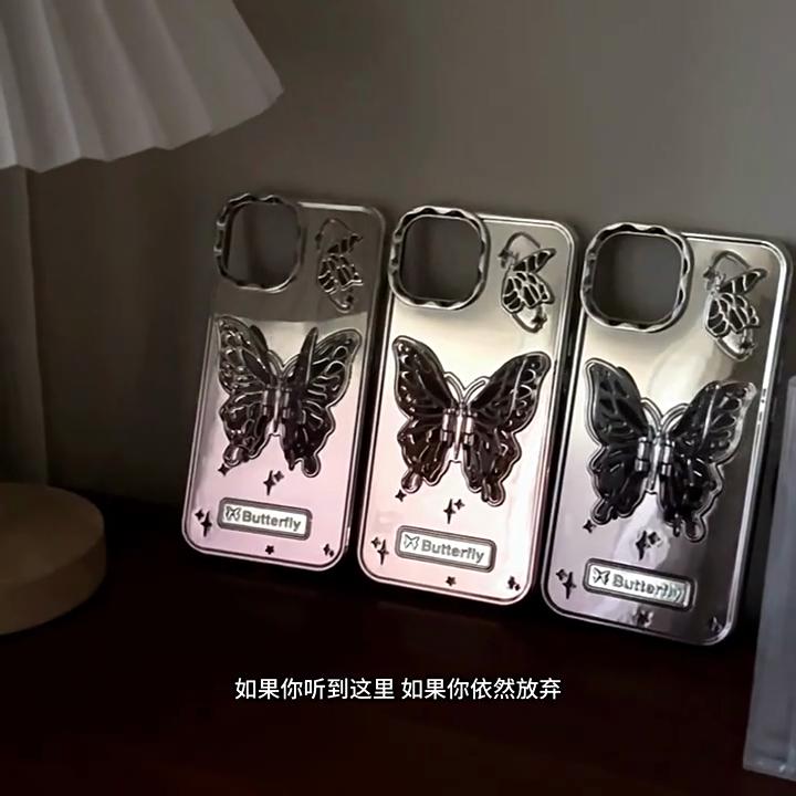 3D Butterfly Hollow uchwyt na telefon etui na iPhone 15 ProMax 14 13 Pro Max 15 12 Pro moda gradientowa matowa poszycie obudowa ze stojakiem
