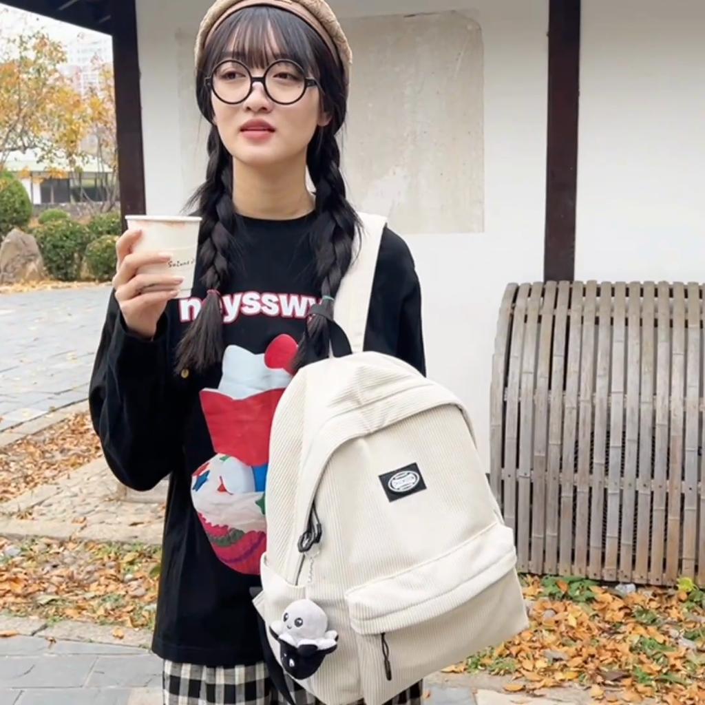 Zaino in velluto a coste da studentessa a tinta unita