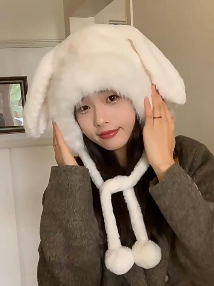 Fluffy Hat Female Winter Cute Plush Models Rabbit Ears Big Head Circumference Thickened Warm Knitted Wool Thunderbolt Hat