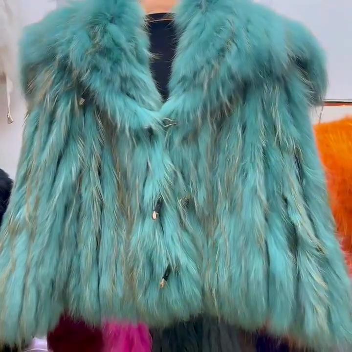 New 100% Real Raccoon Fur Striped Large Lapel High Waist Short Quilted Fur Coat