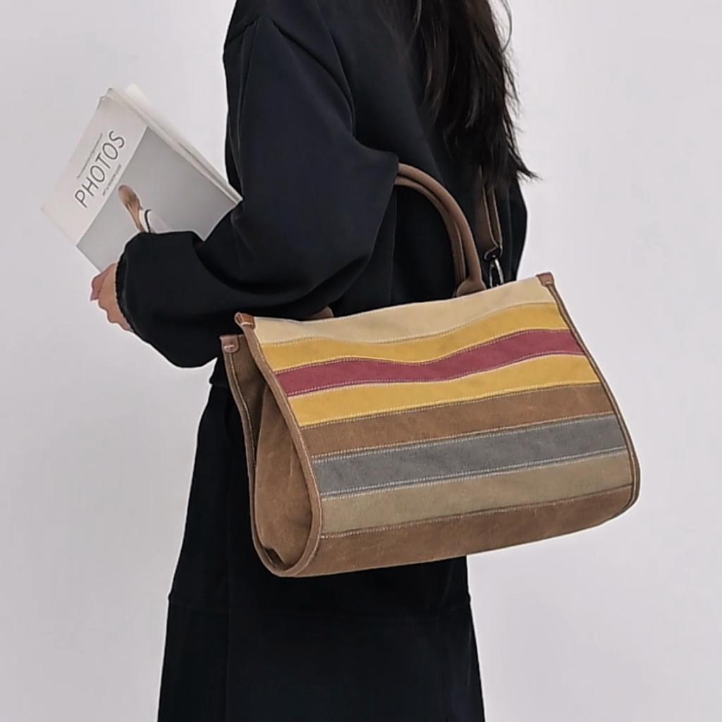 Vintage Striped Canvas Bag Women's Crossbody Bag Patchwork Handbag