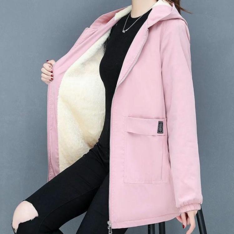 Winter Solid Color Hooded Long Sleeve Fashion Windbreaker Women High Street Casual Zipper Patchwork Thick Warm Chic Outwear