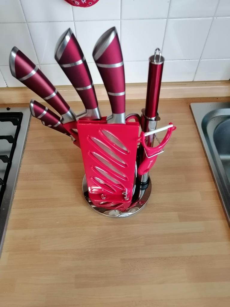 Kincano - Set di coltelli da cucina in acciaio inox, 14 pezzi, set di coltelli da cucina con forbici, temperamatite e supporto