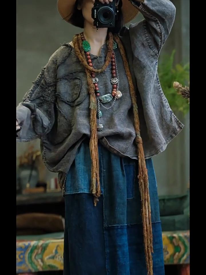 Johnature Damen Vintage T-Shirts Locker Herbst Patchwork Floral Unifarben Langarm Chinesischer Stil T-Shirt