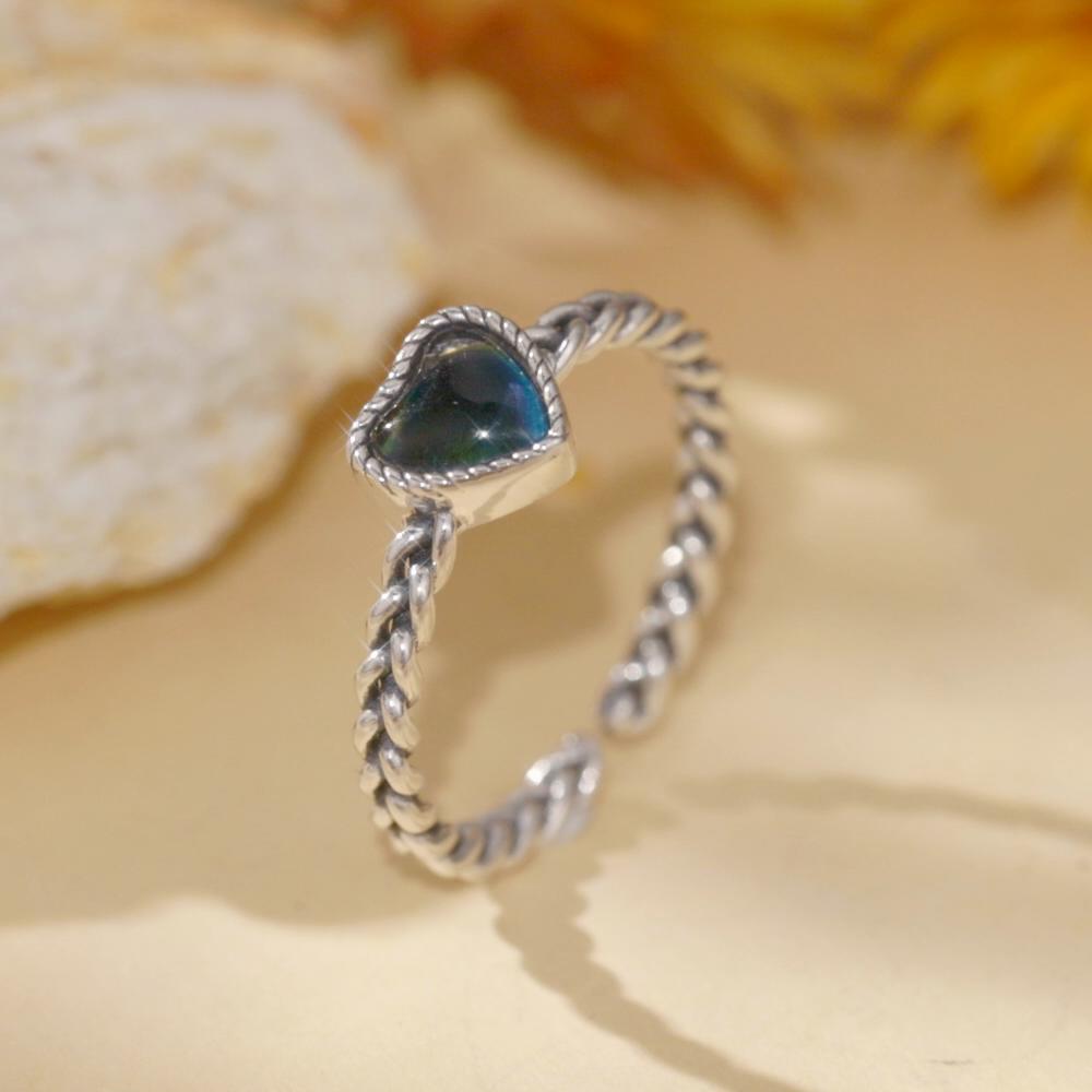 WOSTU 925 Sterling Silver Emotion Stone Color Change Heart Adjustable Ring Platinum Plated for Women Party Fine Jewelry