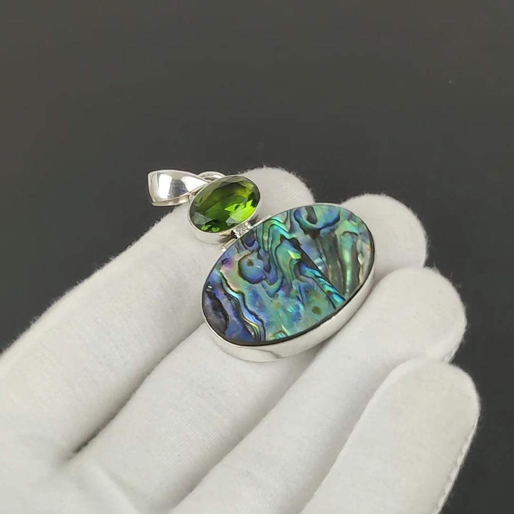 Natural Abalone Shell With Peridot Stone Pendant Necklace Pendants\Pendants For Her\Peridot Necklace Pendant\Antique Handmade Pendant